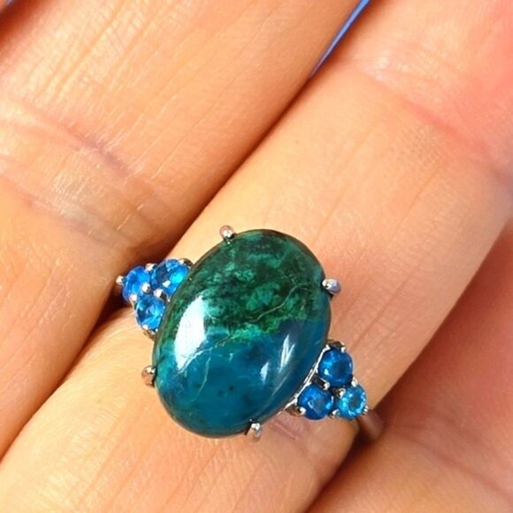 925 Sterling Silver Ring SZ 7 with Natural 13x10mm Chrysocolla & Apat… - Picture 8 of 12